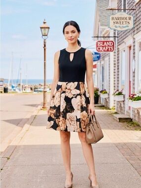 Eclipse Black Top Floral Midi Dress with Beige Roses